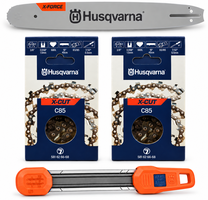 Pack espada motosierra Husqvarna 18 pulgadas + 2 cadenas C85 de 68 eslabones + afilador 2 en 1 - 3/8, 1,5 mm
