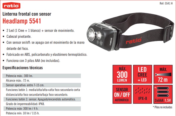 Linterna Frontal Recargable Ratio Headlamp 5541