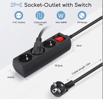 Base Multiple Regleta con Interruptor 3 Tomas 1,5 m Negro