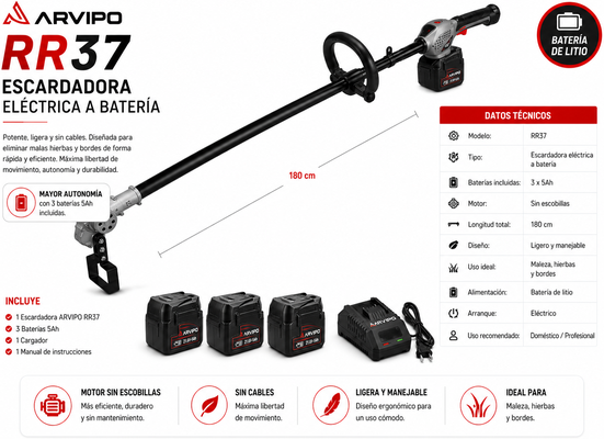 Escardador quitahierbas a bater�a Arvipo RR37 con 3 bater�as 5Ah