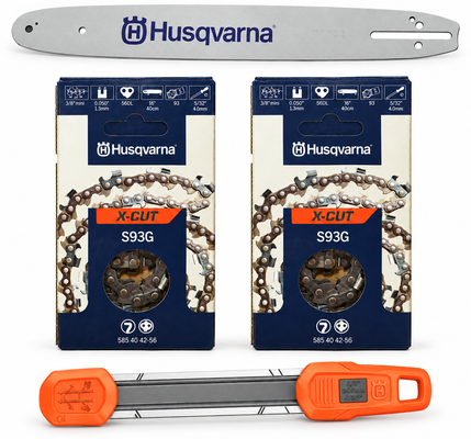Pack espada motosierra Husqvarna 16 pulgadas + 2 cadenas S93G de 56 eslabones + afilador 2 en 1 - 3/8 bajo perfil, 1,3 mm Pack espada motosierra Husqvarna 16 pulgadas + 2 cadenas S93G de 56 eslabones + afilador 2 en 1 - 3/8 bajo perfil, 1,3 mm
