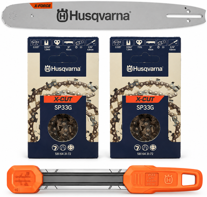 Pack espada motosierra Husqvarna 18 pulgadas + 2 cadenas SP33G de 72 eslabones + afilador 2 en 1 - .325, 1,3 mm Pack espada motosierra Husqvarna 18 pulgadas + 2 cadenas SP33G de 72 eslabones + afilador 2 en 1 - .325, 1,3 mm
