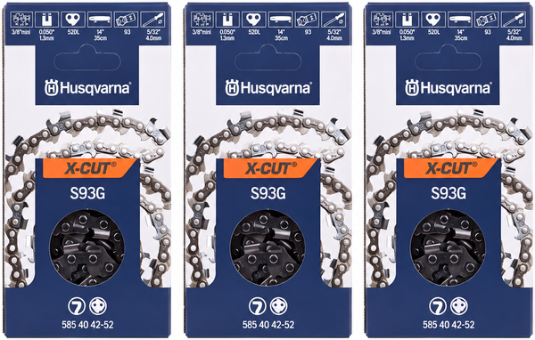 Pack 3 cadenas de motosierra Husqvarna X-CUT S93G 52 eslabones · 3/8 mini · 1,3 mm Pack 3 cadenas de motosierra Husqvarna X-CUT S93G 52 eslabones · 3/8 mini · 1,3 mm